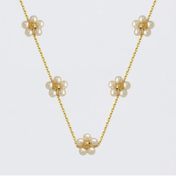 18k Gold Plated Pearl Daisy Multi Flower choker/short necklace. New. - Picture 3 of 14